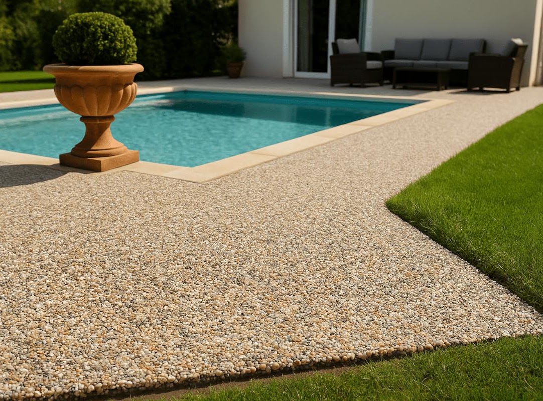 Steinteppich Poolumrandung Naturkies